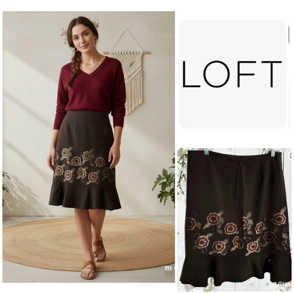 NWT LOFT Brown Floral Embroidered Midi Skirt Sz 10